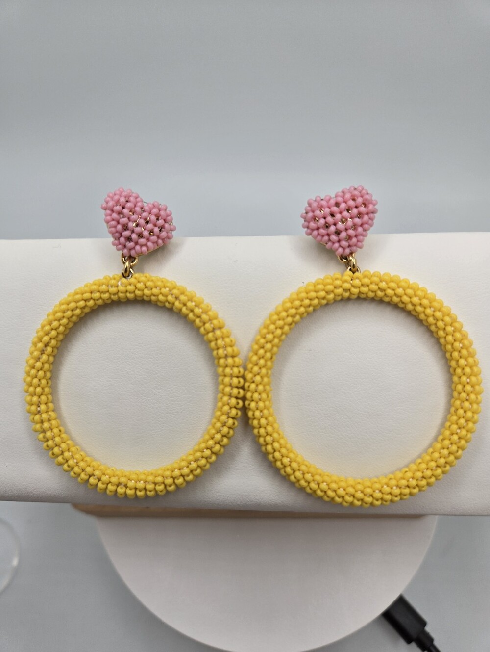 Alison Lou Beaded Hoop Earrings Pink Heart Yellow Hoops 2.5" for J.Crew